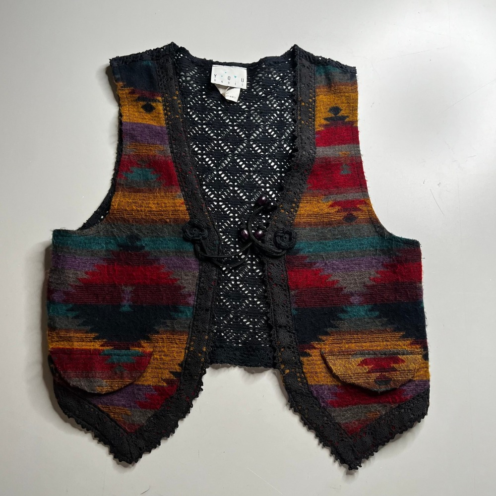 Vintage You Babes Southwestern Crochet Lace‎ Back Vest Small Black Multi 2000